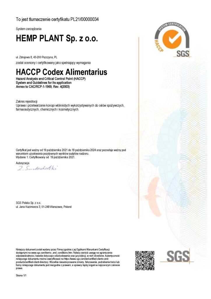 HACCP_PL certificate Hemp Plant